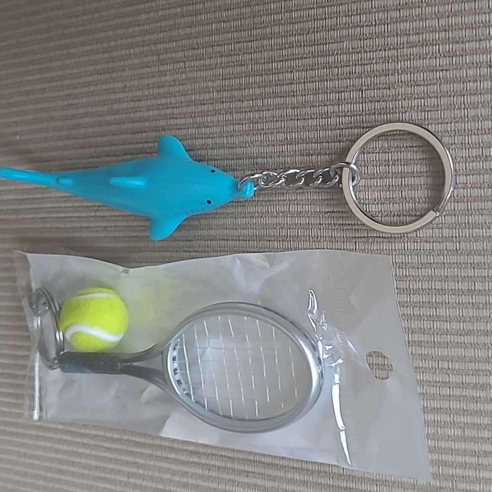 NEW-Miniature tennis racket with the Ball and blue rubber shark key chains.